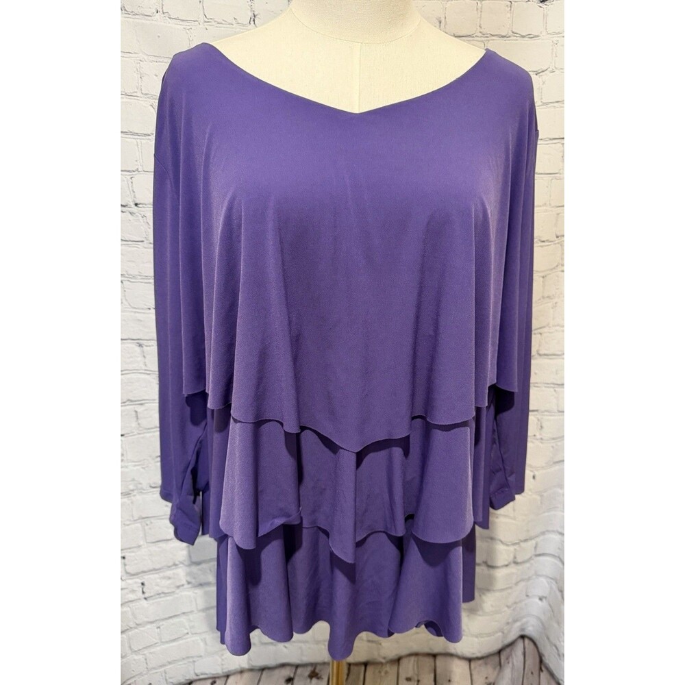 Susan Graver QVC Liquid Knit Layered Top 3/4 Sleeves Purple Plus Size Blouse 2X